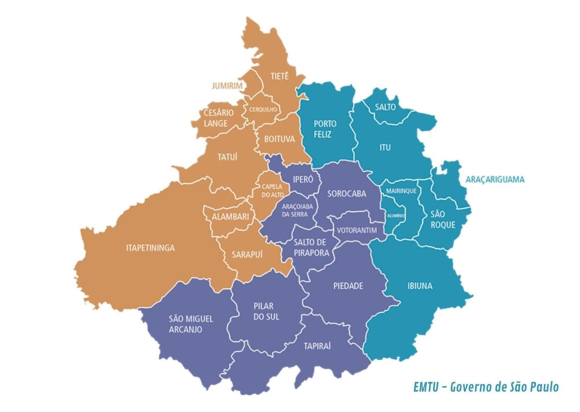 Mapa da Região Metropolitana de Sorocaba, com destaque para Sorocaba, Itu, Salto, Araçariguama, Votorantim, Mairinque, São Roque e Tatuí.
