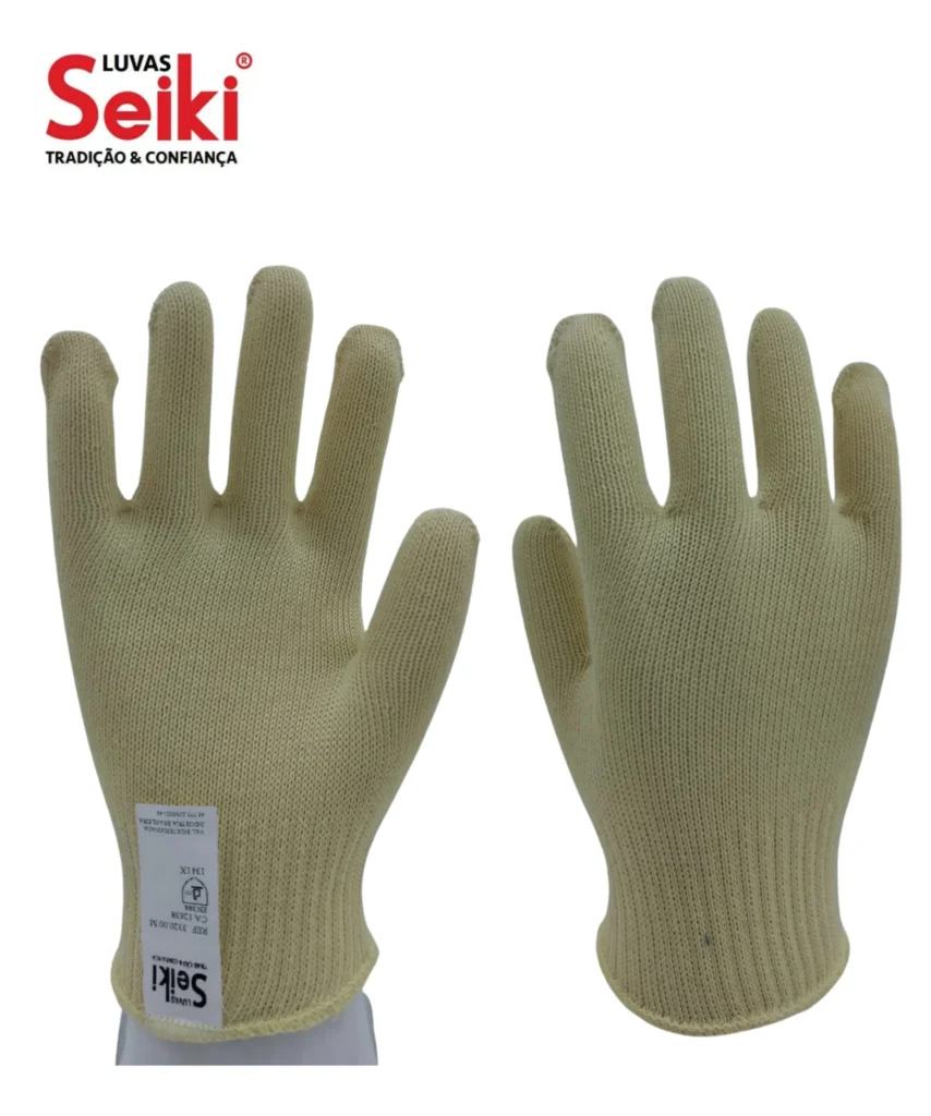 Luva de segurança confeccionada com 2 fios de aramida, punho com lastex e elástico, acabamento com overloque. Marca Seiki CA 12638 - Referência 3320.00