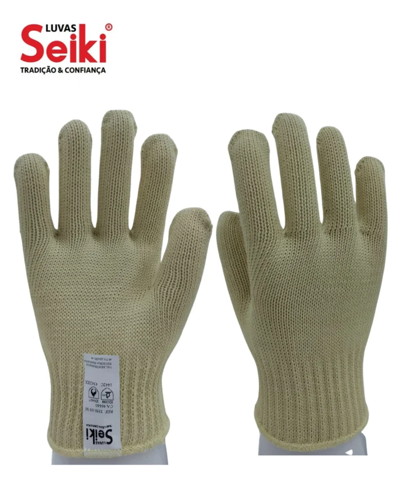 Luva de segurança, confeccionada com fios de aramida, punho com lastex e acabamento com overloque. Marca Seiki CA 46640 - Referência 3350.00