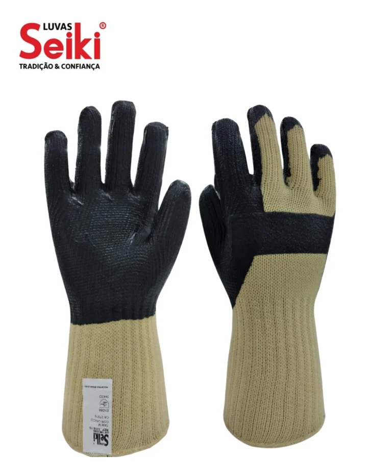 Luva de segurança confeccionada em 05 fios de aramida. Emborrachada com látex sintético na palma, face palmar dos dedos e dorso. Punhos com lastex e acabamento overloque. Marca Seiki CA 27979 - Referência 3358.10