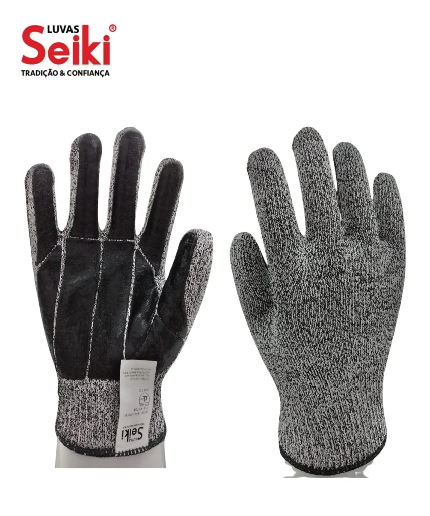 Luva de segurança confeccionada em 1 fio de composto de polietileno com fibra de vidro. Punho com lastex e acabamento em overloque. Marca Seiki CA 45724 - Referência 8410.00