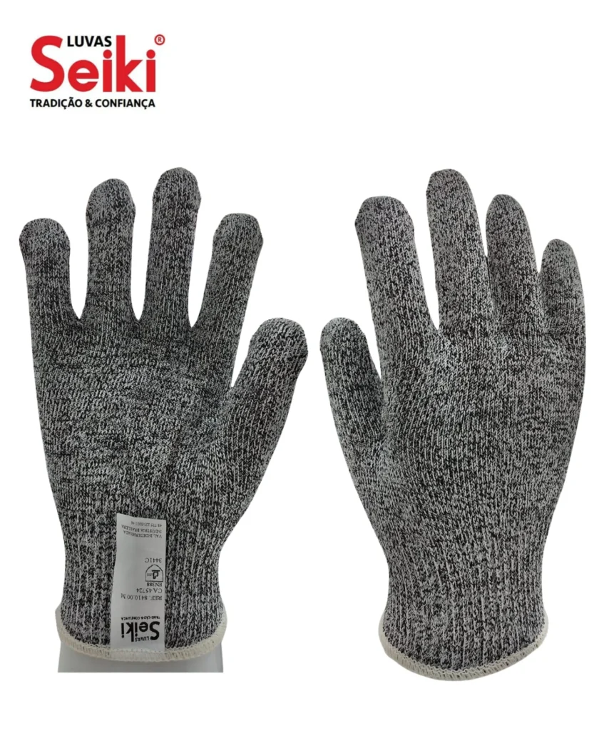 Luva de segurança confeccionada com dois fios de composto de polietileno com fibra de vidro de alta resistência a corte. Marca Seiki CA 45904 - Referência 8427.00
