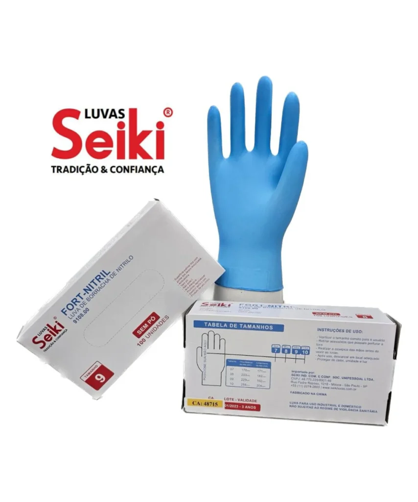Luva de segurança confeccionada em borracha nitrílica, ambidestra, superfície externa lisa. Marca Seiki CA 48715 - Referência 9108.00