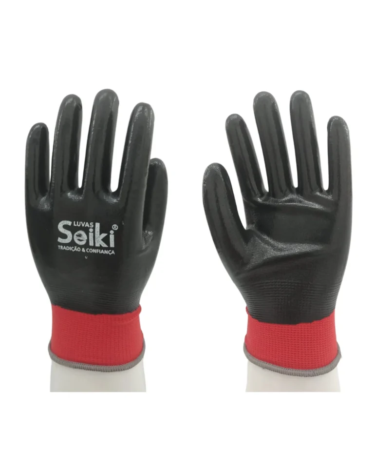 Luva de segurança confeccionada em poliamida revestida em látex nitrílico preto, punho com lastex, acabamento em overloque com elástico. Marca Seiki CA 31387 - Referência 8107.00