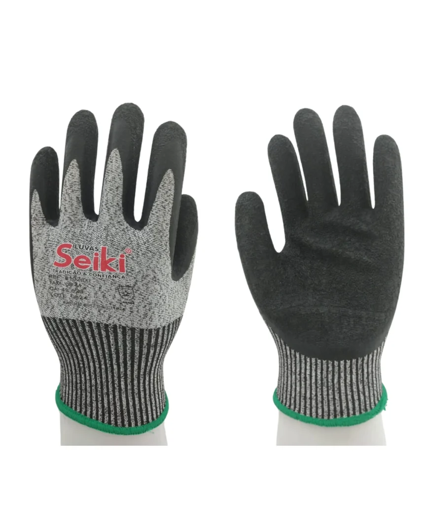 Luva de segurança confeccionada com fios de hppe, emborrachada com latex sintético, na face palmar, acabamento em overloque. Marca Seiki CA 49629 - Referência 8132.00