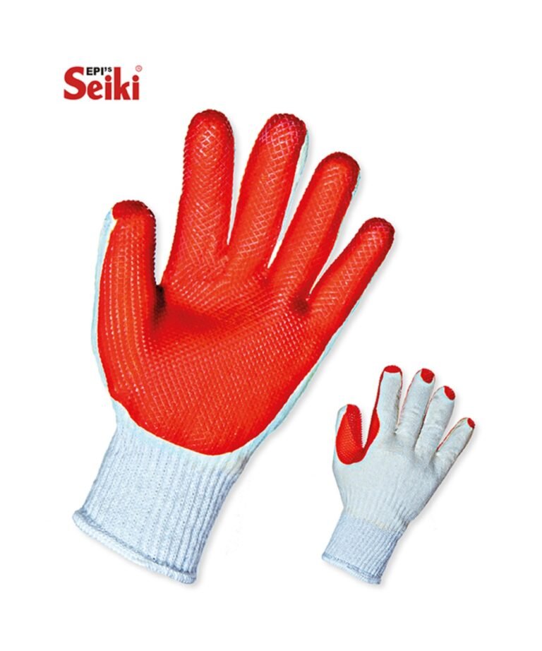 Luva de segurança confeccionada com fios de algodão, poliéster e poliamida, revestida de látex natural na palma e face palmar dos dedos, com acabamento em overloque, punho com látex e elástico. Marca Seiki CA 49969 - Referência 8210.00
